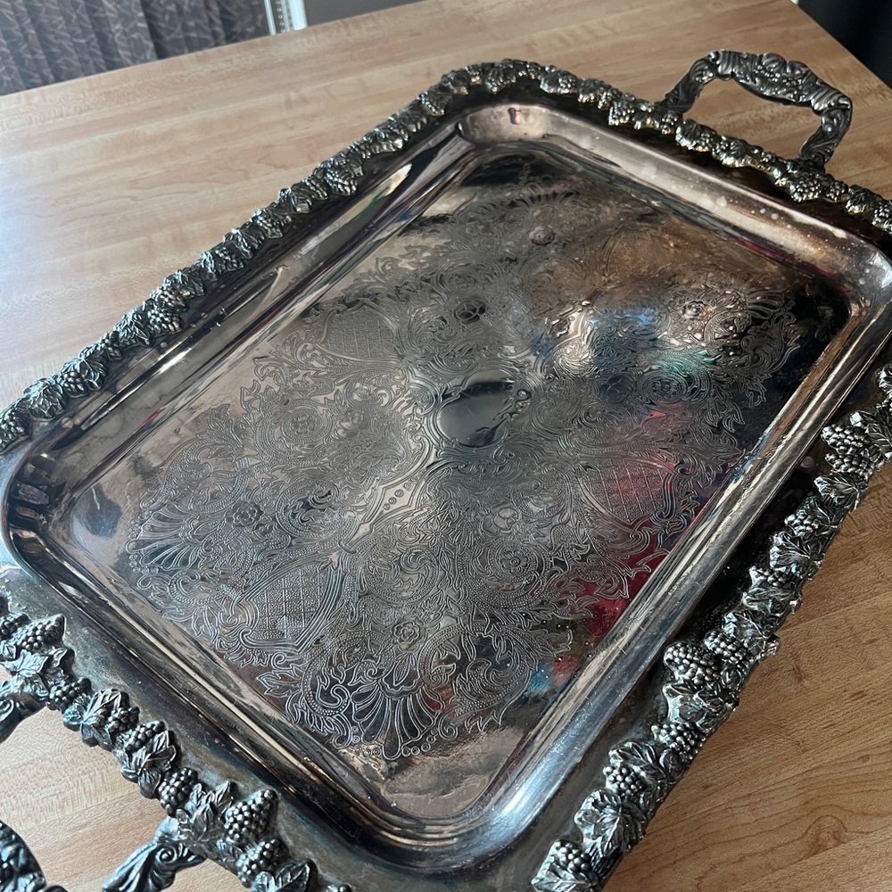 Beautiful vintage silver tray. Brand not identified. Inherited. Needs polish.